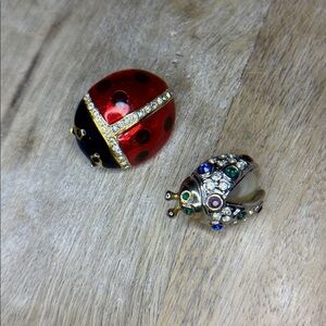 Ladybug Enamel Pearl Rhinestone Brooch Duo